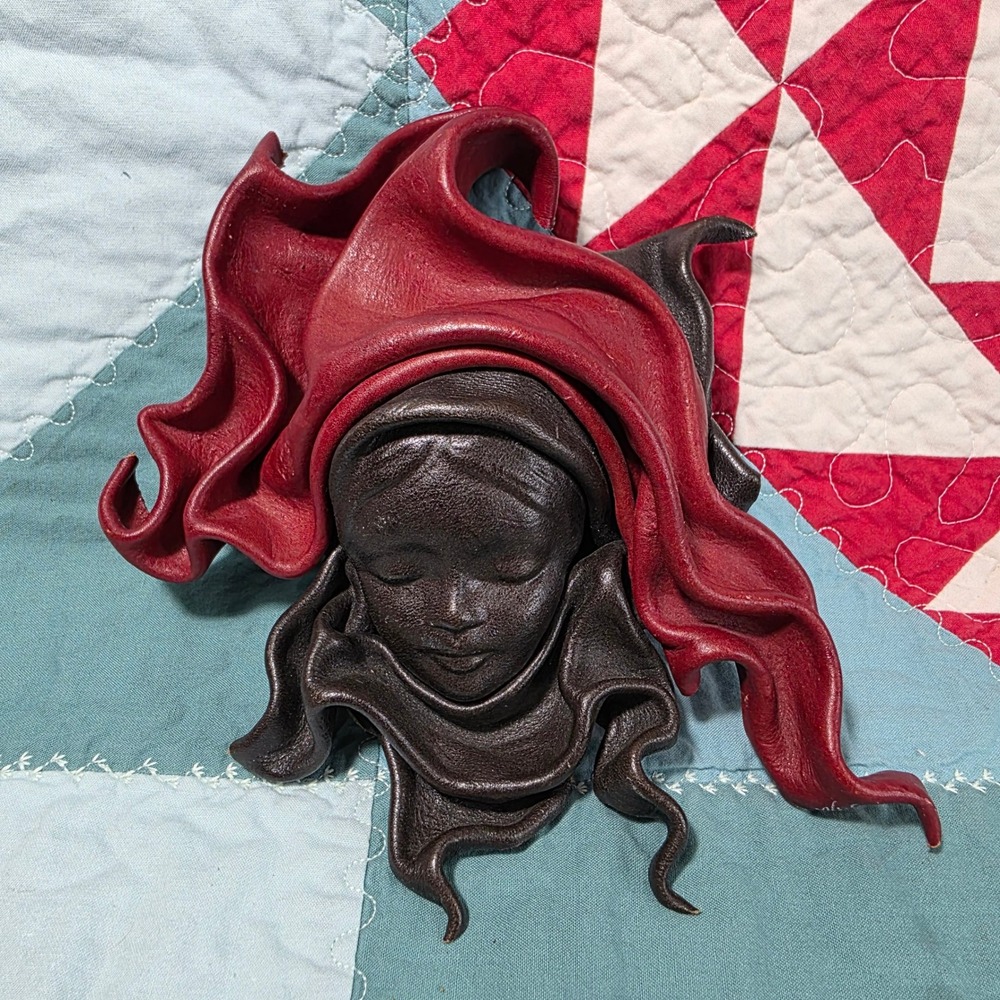 Nicart Leather Face Mask Sculpture Wall Art Red Brown Handcrafted Woman